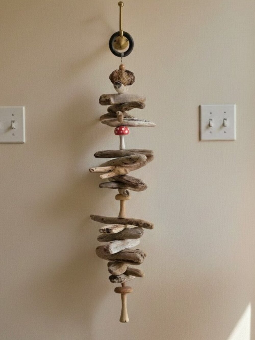 Driftwood Hanging Mobile Garden Art with Mushroom Carvings